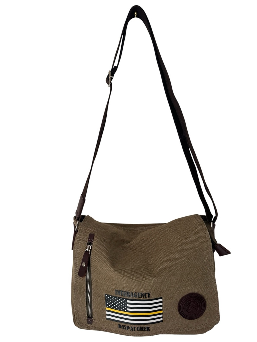 Sechunck Military Style Olive/Tan Canvas Messenger Bag with American Flag Patch
